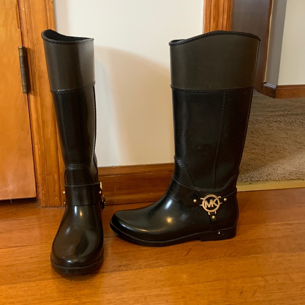 Black and grey MK rain boots, size 8